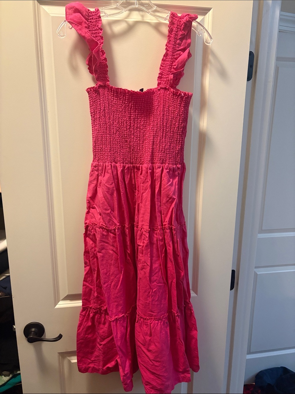 Saks Fifth Avenue Hot Pink Smocked Ruffle Strap Tiered Midi Dress